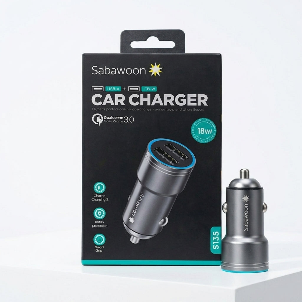 Sabawoon 18W Fast Charging Car Adapter – Dual USB Portable Car Charger